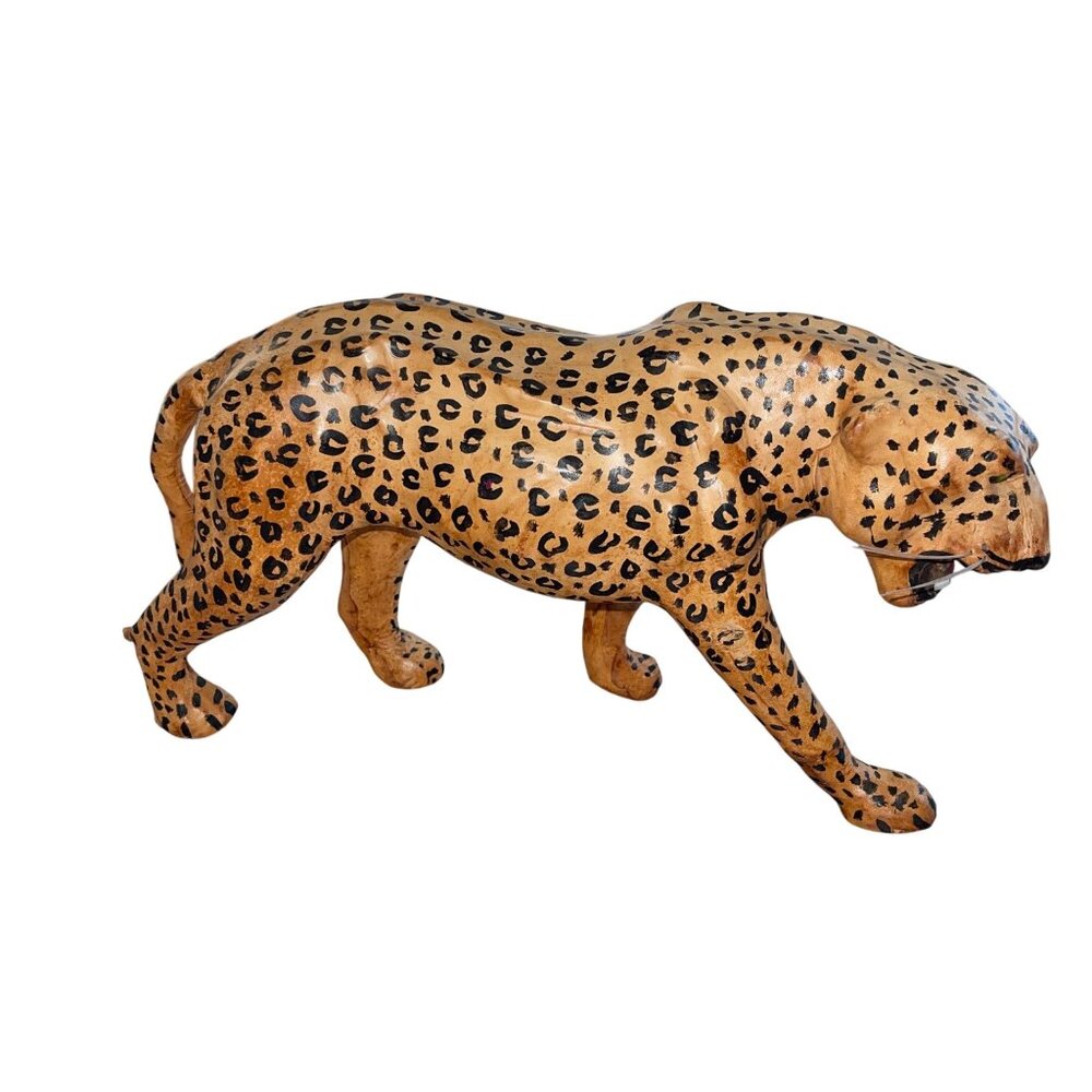Vintage Leather Wrapped Paper Mache Leopard Green Eyes Teeth Whiskers